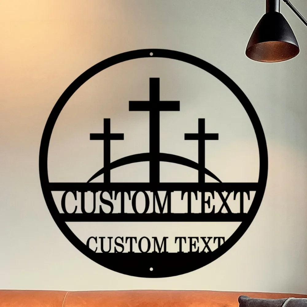 Refined Vintage inspired Custom Three Crosses on a Hill Metal Plaque Personalized Christian Wall Decor for Distinct Home