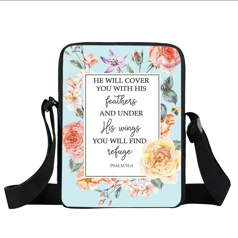 Christian Bible Verse Print Shoulder Bag Women God He Will Sustain You Floral Messenger Bags Canvas Crossbody Bag Gift