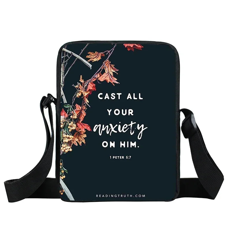 Christian Bible Verse Print Shoulder Bag Women God He Will Sustain You Floral Messenger Bags Canvas Crossbody Bag Gift