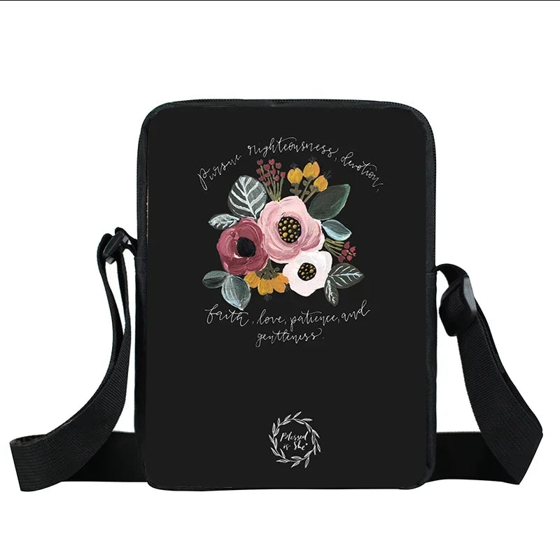 Christian Bible Verse Print Shoulder Bag Women God He Will Sustain You Floral Messenger Bags Canvas Crossbody Bag Gift