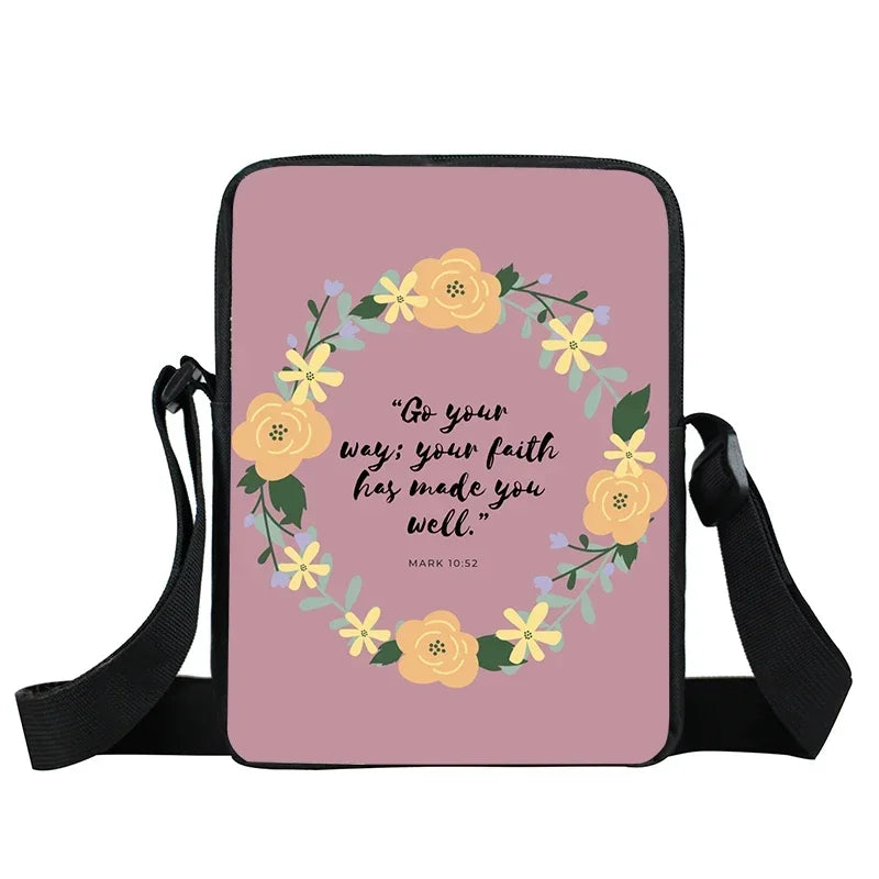 Christian Bible Verse Print Shoulder Bag Women God He Will Sustain You Floral Messenger Bags Canvas Crossbody Bag Gift