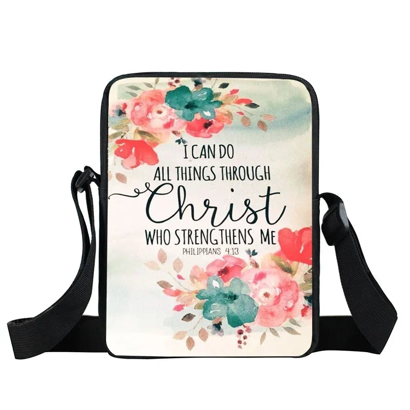 Christian Bible Verse Print Shoulder Bag Women God He Will Sustain You Floral Messenger Bags Canvas Crossbody Bag Gift