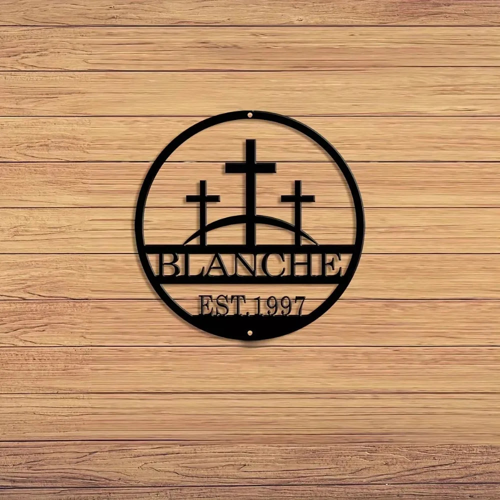 Refined Vintage inspired Custom Three Crosses on a Hill Metal Plaque Personalized Christian Wall Decor for Distinct Home