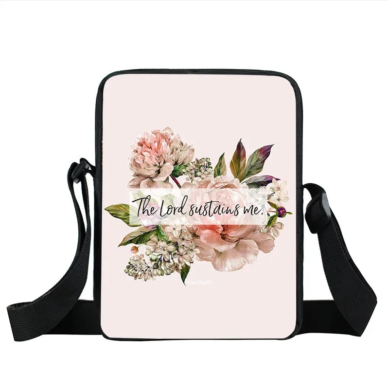 Christian Bible Verse Print Shoulder Bag Women God He Will Sustain You Floral Messenger Bags Canvas Crossbody Bag Gift