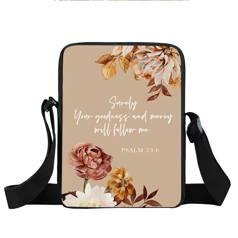 Christian Bible Verse Print Shoulder Bag Women God He Will Sustain You Floral Messenger Bags Canvas Crossbody Bag Gift