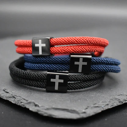 Black Stainless Steels Cross Bracelet for Men and Women, Gift for Him and Her, Red Rope Lucky Amulet Christian Catholic Jewelry