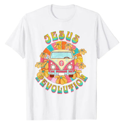 Jesus - Revolution People Retro Van Bus Christian Faith T-Shirt Summer Fashion Travel Lover Apparel Vintage Graphic Tee Tops