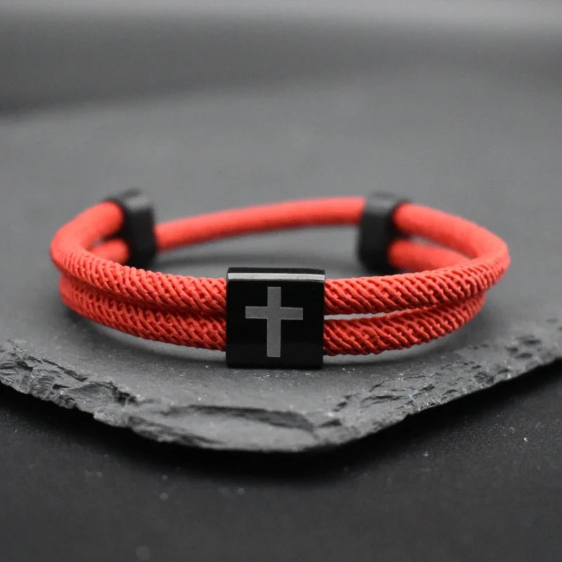 Black Stainless Steels Cross Bracelet for Men and Women, Gift for Him and Her, Red Rope Lucky Amulet Christian Catholic Jewelry