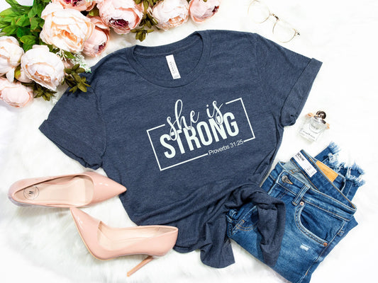 She is Strong T Shirt Christian Proverbs Jesus Scripture WorkouT