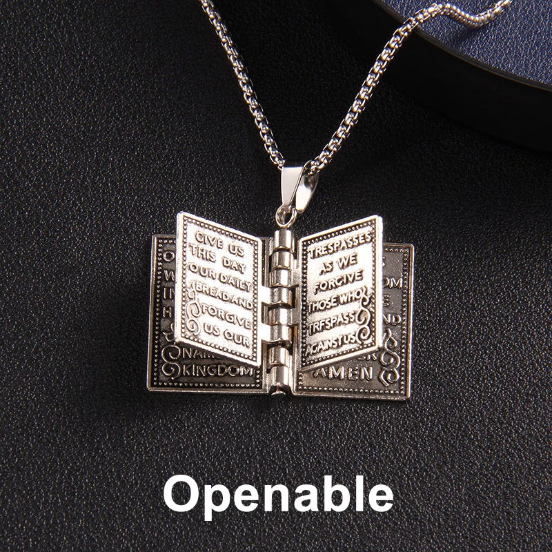 Metal Cross Holy Bible Necklace Openable Pendant with Chain Cool Accessories Christian Jewelry