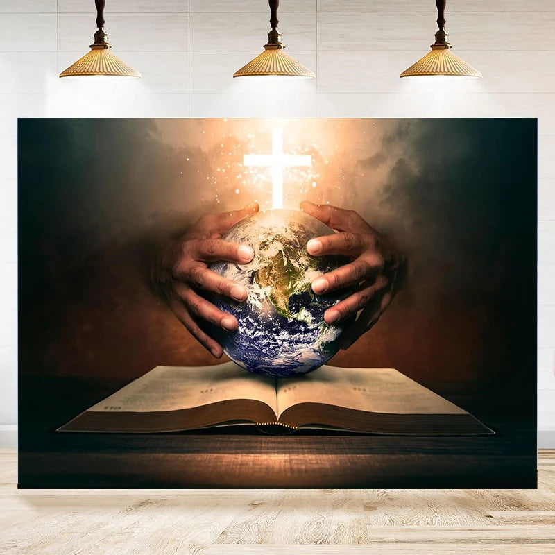 Jesus Christ Easter Photography Backdrop Hands Holding World on Open Bible Holy Light Cross Background Church Decor Banner