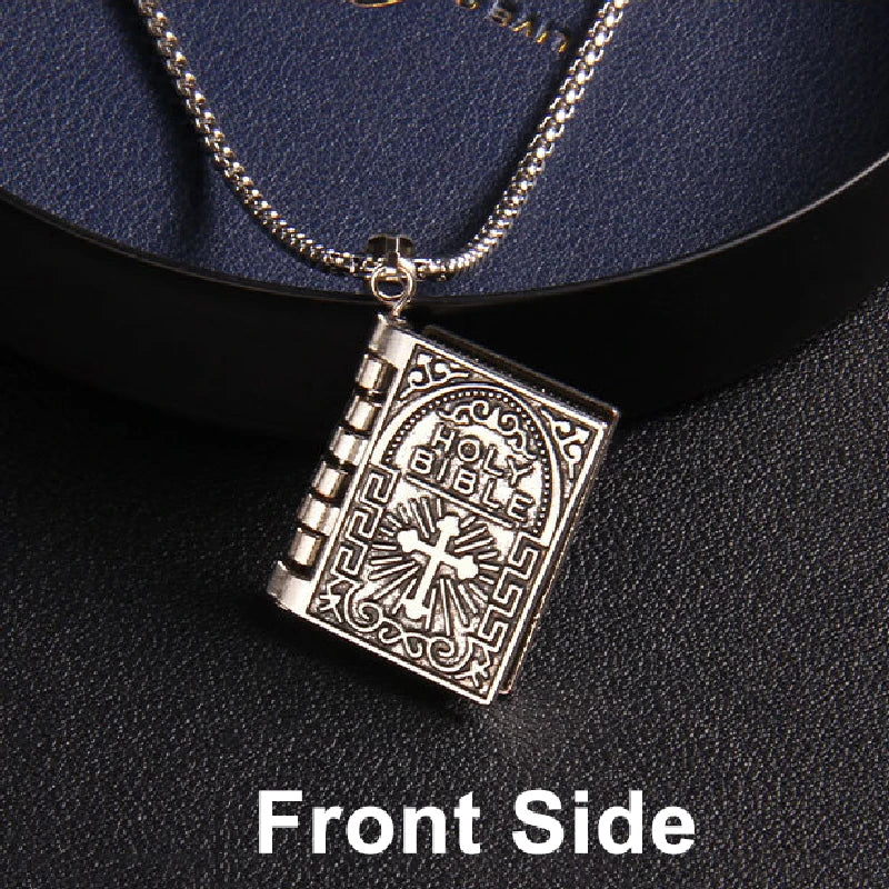 Metal Cross Holy Bible Necklace Openable Pendant with Chain Cool Accessories Christian Jewelry