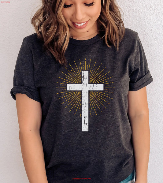 Vintage Cross T Shirt Christian Distressed Jesus Easter Church Faith Religious long or short sleeves