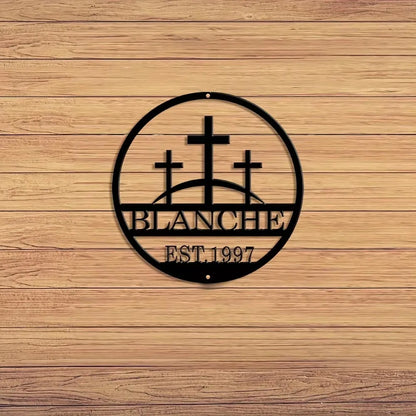 Refined Vintage inspired Custom Three Crosses on a Hill Metal Plaque Personalized Christian Wall Decor for Distinct Home