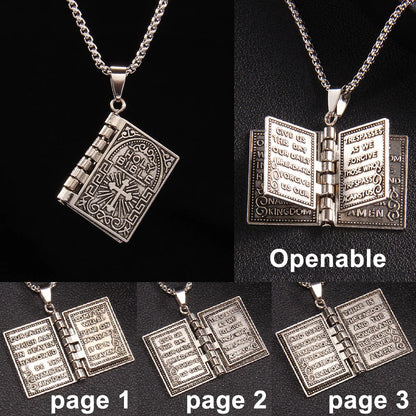 Metal Cross Holy Bible Necklace Openable Pendant with Chain Cool Accessories Christian Jewelry