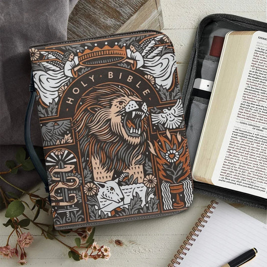 Large Bible Cover Fierce Big Lion Cross Pattern Folder Holder Tool Case Handbag Storage Bag Organizer Easy Gripping To Hold New