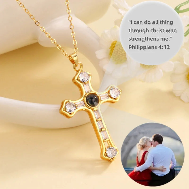 Projection Necklace Customized Personalized Photo And Bible Verse Cross Pendant Perfect For Christmas Memorial Gifts