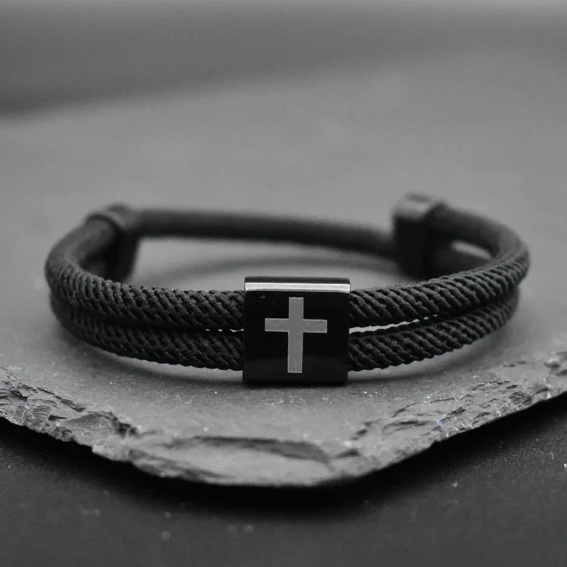 Black Stainless Steels Cross Bracelet for Men and Women, Gift for Him and Her, Red Rope Lucky Amulet Christian Catholic Jewelry