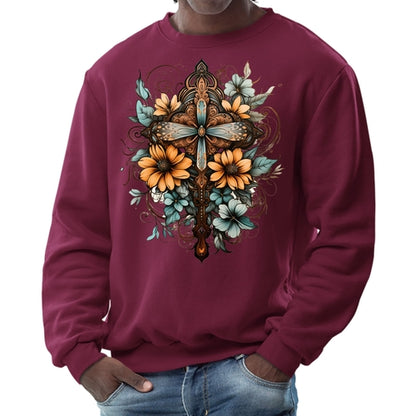 Mens Graphic Sweatshirt - Christian Cross Floral Bouquet Brown and