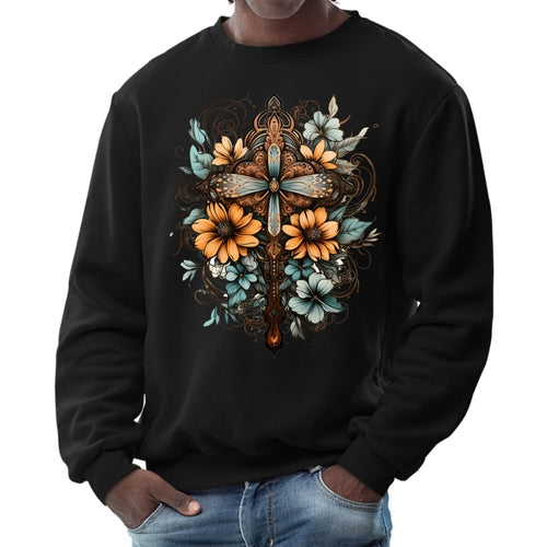 Mens Graphic Sweatshirt - Christian Cross Floral Bouquet Brown and