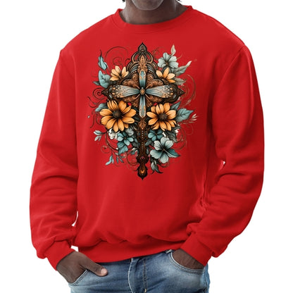 Mens Graphic Sweatshirt - Christian Cross Floral Bouquet Brown and