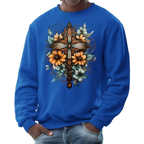 Mens Graphic Sweatshirt - Christian Cross Floral Bouquet Brown and