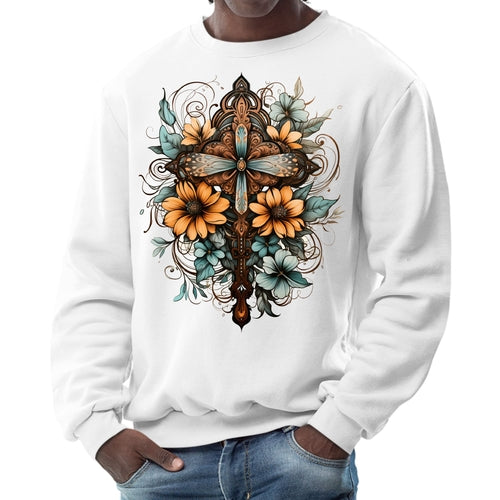 Mens Graphic Sweatshirt - Christian Cross Floral Bouquet Brown and