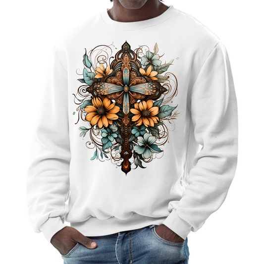 Mens Graphic Sweatshirt - Christian Cross Floral Bouquet Brown and